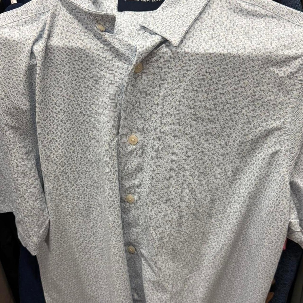 Men's White Gray Geometric Print Short Sleeve Button-Down Shirt